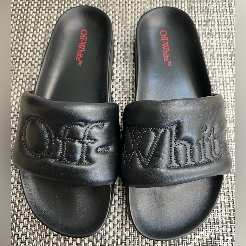 New Men's "Off White" Bookish Black Leather Sponge Sliders